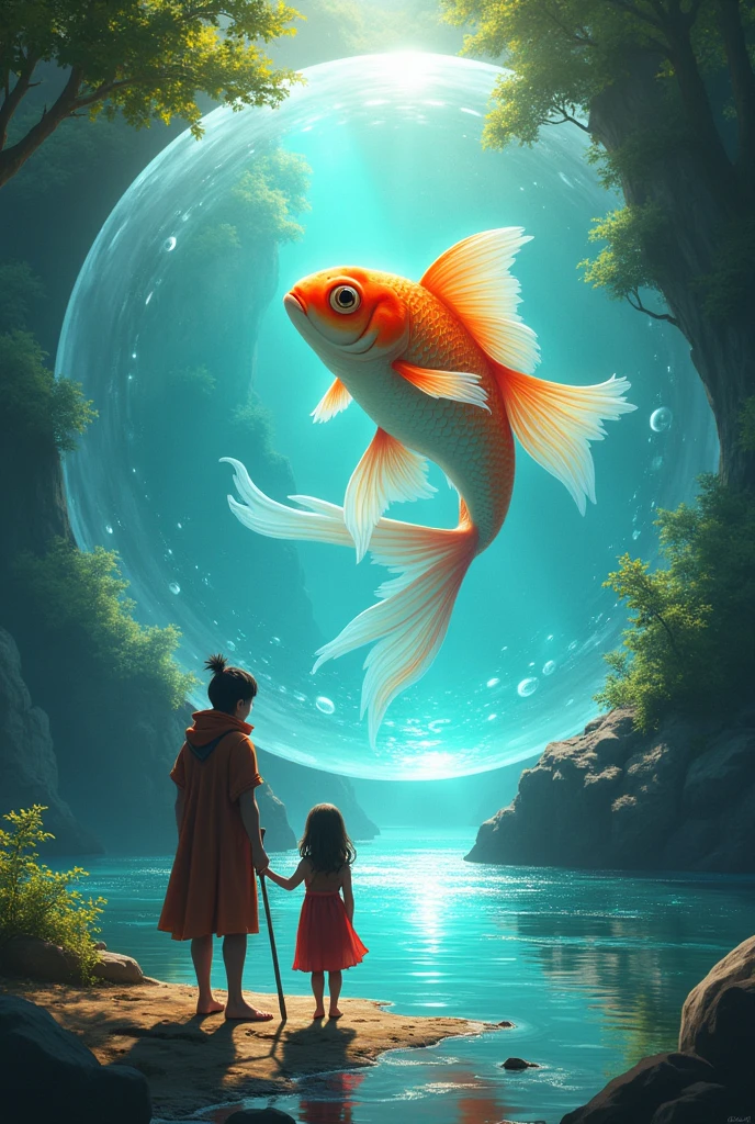 Following the trail, Pedro and Laura arrived at a sparkling river, guarded by a goldfish hybrid, surrounded by a giant bubble of water The fish challenged them to a riddle to cross the river.