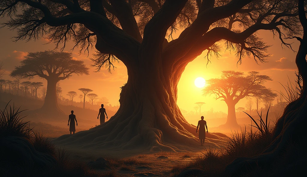 In the heart of the ancient African Savannah, where the set in hues of gold and crimson,
*In the background, the dense, mystical forest looms with towering trees, casting long shadows as the night approaches. The trees have an almost eerie presence, their roots twisted and gnarled, reaching deep into the earth. Deeper into the forest, partially hidden by shadows, is the ancient tree at the center of the story. Its roots and branches seem almost alive, with faint, ghostly spirits emerging from the ground, their expressions a mix of sorrow and anger.*
