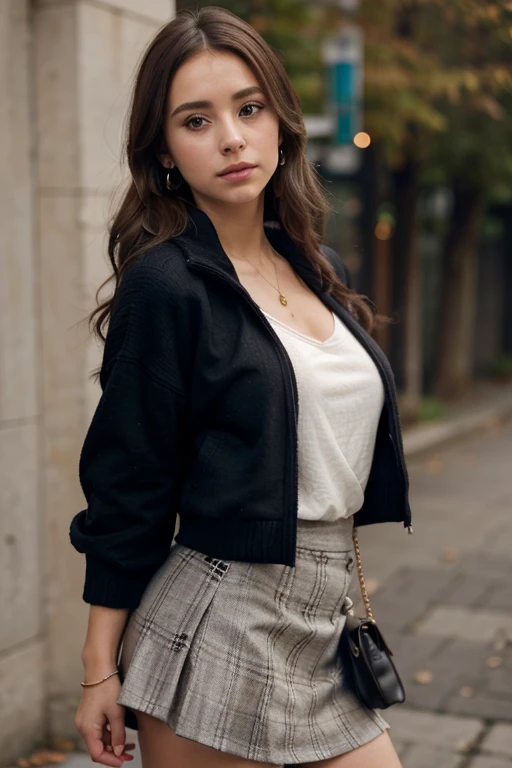 ciri,, , 1 girl, ahoge, bang, black skirt, black sweater, blue nails, Blurred, Blurred background, breast, Brown eyes, Brown hair, brown Jacket, closed mouth, dated, day, depth of field, earrings, eyelashes, above the handle, head tilt, Jacket, Jewelry, long hair, long sleeves, I look at the viewer, medium breast, nail polish, open clothes, open Jacket, on open air, wrinkled lips, shirt tucked in, sidelocks, skirt, sleeves above the wrists, One, sweater, upper body, lightning, , , ((masterpiece)), , 