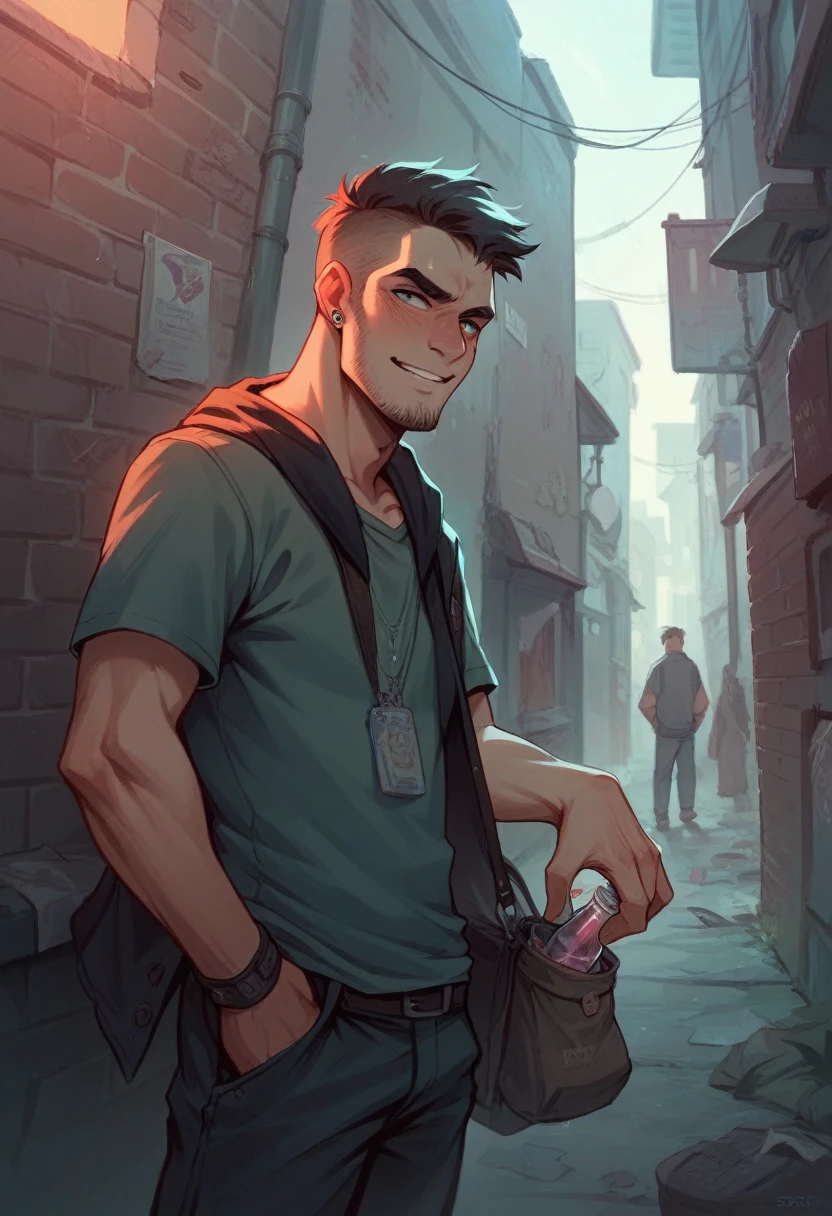 portrait, 4K quality, A Man Selling Drugs In An Alley With Many Armed Customers