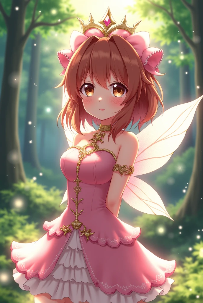 Ochako Uraraka from My Hero Academia, Brown eyes, With Pink Fairy Queen Outfit and Fairy Wings In a beautiful forest with a blushing nervous expression Digital art style