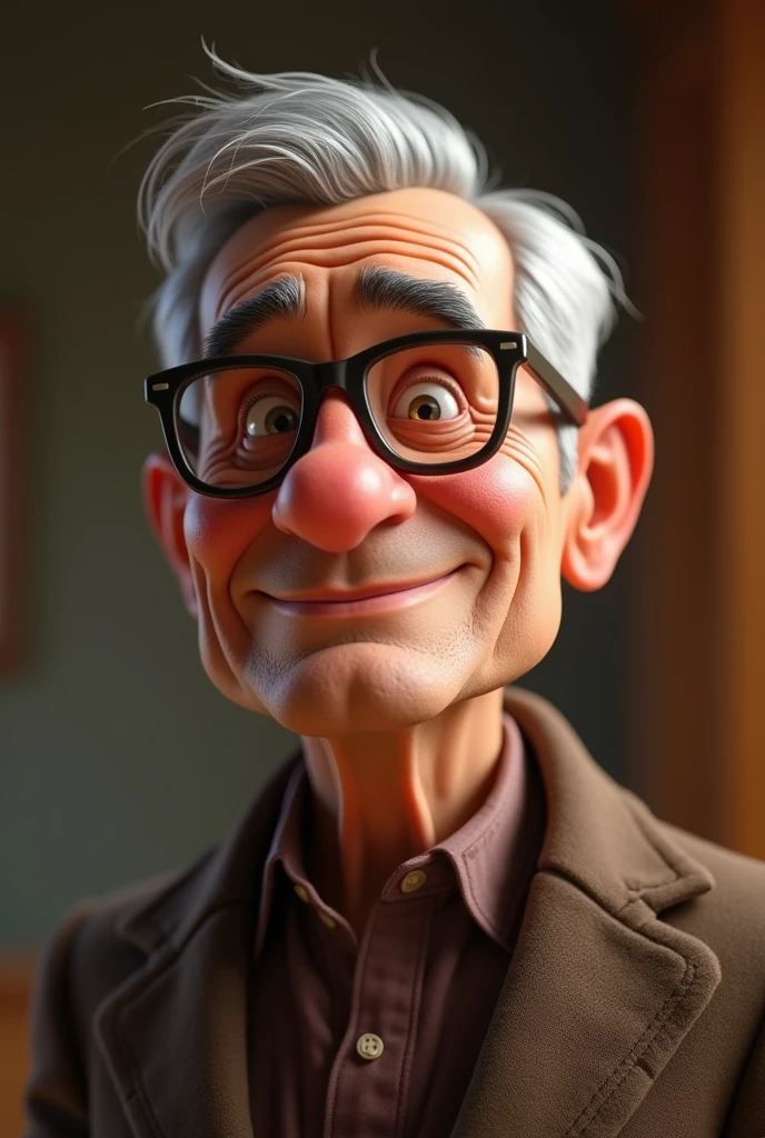 80 year old man with square face, brown skin, gray hair and slightly overweight, wearing glasses Pixar