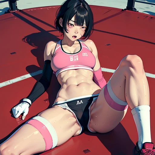 a beautiful bloody japanese high school girl fighter is knoced out in the octagon fighting ring, she is beated down, She sits slumped against the octagon's fence, whole body picture, she lose. she is covered in scars and bruises, she is damaged terribry, Short cut black hair, out of breath, drooling from mouth, her one eye is closed, exhausted, drenched in sweat, Erect nipples, open finger glove, Ragged white and pink sports bra, high leg panty, Stockings, armwarmers, Whittled waistline , slender body