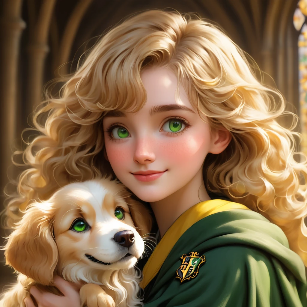 best quality, Masterpiece, Put on a Hufflepuff Hogwarts uniform.,Hufflepuff House, Wear a Hufflepuff cloak., (((short wavy hair))), dark blonde, serious, Very naughty, cute and bright, be happy, smile, very heavy Freckles on the face, detailed green eyes, detailed face, Fine skin, soft light, mysterious, Worth discovering., soft shadow, detailed texture, dynamic light, Hug a Golden Retriever, Hogwarts background, Hogwarts Theme
