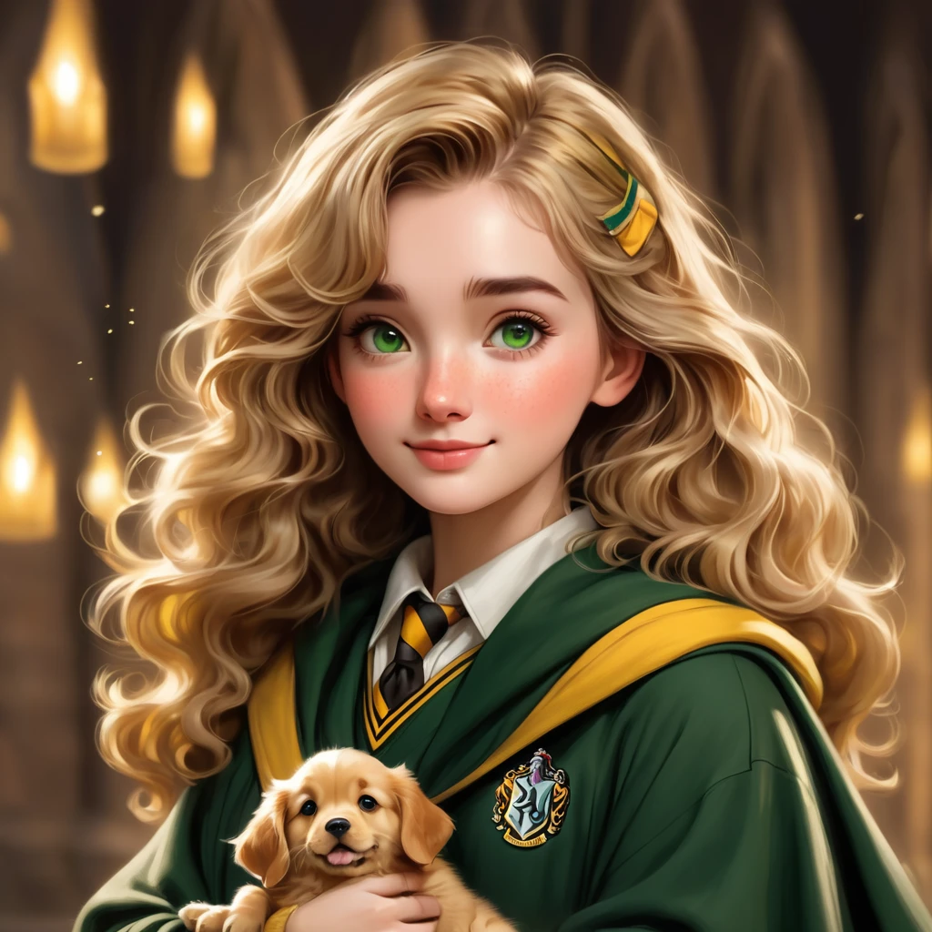 best quality, Masterpiece, Put on a Hufflepuff Hogwarts uniform.,Hufflepuff House, Wear a Hufflepuff cloak., (((short wavy hair))), dark blonde, serious, Very naughty, cute and bright, be happy, smile, very heavy Freckles on the face, detailed green eyes, detailed face, Fine skin, soft light, mysterious, Worth discovering., soft shadow, detailed texture, dynamic light, Hug a Golden Retriever, Hogwarts background, Hogwarts Theme