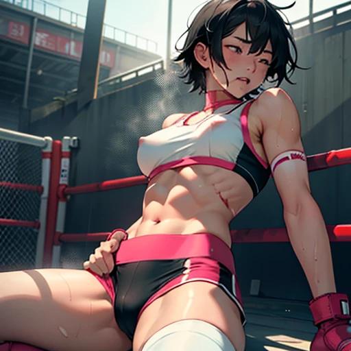 a beautiful bloody  japanese high school girl fighter is knoced out in the octagon fighting ring, she is beated down, She sits slumped against the octagon's fence, whole body picture, she lose. she is covered in scars and bruises, she is damaged terribry, Short cut black hair, out of breath, drooling from mouth, her one eye is closed, exhausted, drenched in sweat, Erect nipples, open finger glove, Ragged white and pink sports bra, high leg panty, Stockings, armwarmers, Whittled waistline , slender body