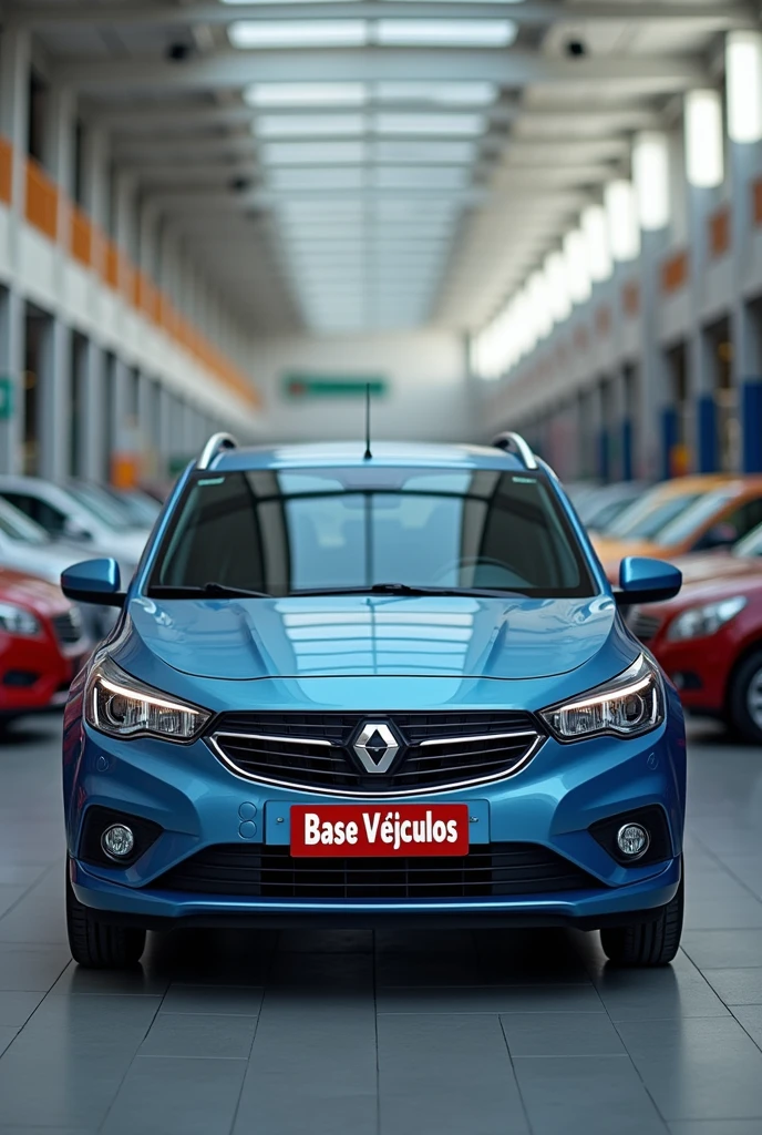 Create an image for a group of retailers in the vehicle sales sector. Place the name Base Veículos on the license plates of the cars in the image.