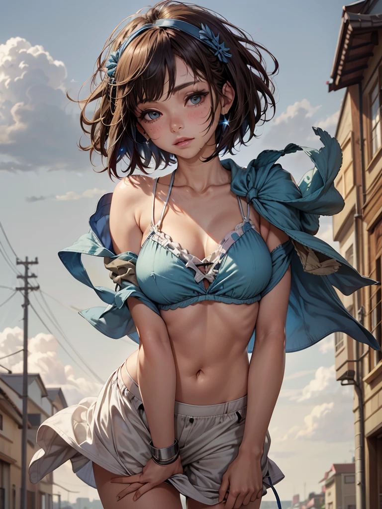 &Quot;((atelier)), perfect quality, plumpness, bulging, fully body, stunning beauty, Jeanfavonian, breasts small, (high quality anime), vred, blush, Standing on the street near the river next to the village, hands on the chest, Looking at the Viewer, without handles. shorth hair (((short bob hair blowing in the wind))), the background is simple and blue, and the gaze is directed downward at a low angle, a bright lightning bolt.