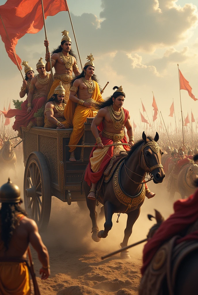 Highly detailed image of Arjuna and lord krishna in a chariot with background of a battle