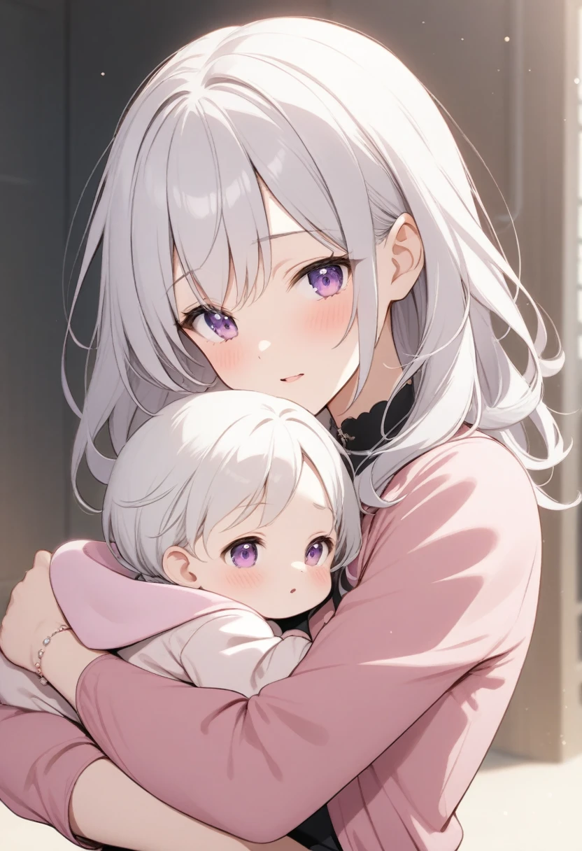 (masterpiece, lesbian anime 2girls:1.2), (very aesthetic:1.2), (absurdres:1.2), (detailed background),newest,ai-generated, (cowboy shot, 8K, art by best quality 2D yuri moe anime1.4), (10yo kawaii little daughter straddling on 28yo noble mother, looking at each other, lying on the bed, hugging, anime style kawaii natural faces:1.5) (yuri:1.3), (see-through pretty white casual dress, bare body visible through dress:1.3), white glowing skin, (half closed teary eyes with eyelashes, double eyelid, ecstasy with blush, open small mouth:1.2), (light colored medium hair:1.3), cute slender bodies, medium breasts, high beams, cozy room interior, room lighting, centered composition