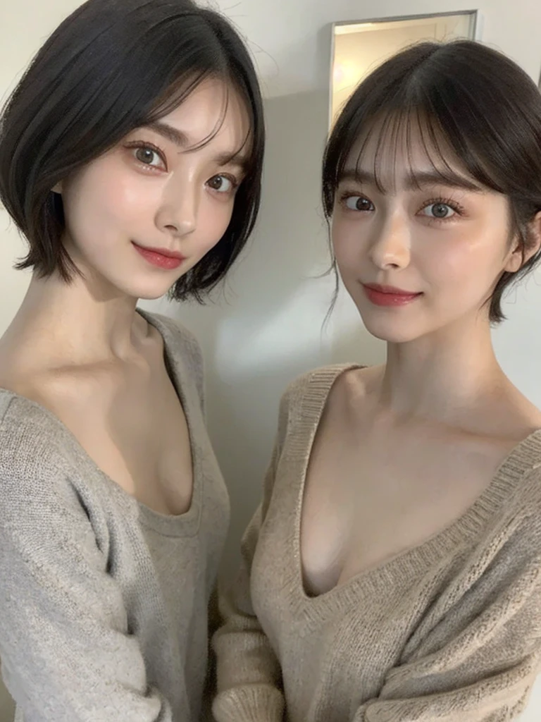 (masterpiece:1.3), (8k, Photoreal, Raw photo, best image quality: 1.4), Japanese high school girl、(random hairstyle:1.2)、cleavage:1.5、super detail face、eye for details、double eyelid、chest to chest、sharp focus:1.2、Beautiful woman:1.4、light brown hair、highest quality、masterpiece、超A high resolution、(Photoreal:1.4)、Highly detailed and professionally lit smiles、loose and light knitwear、shoulder out、thin、serious expression、short haired、deadly position
similar identical twins
All the girls have the exact same face, The two have the same face and figure, as if they were mirror images.