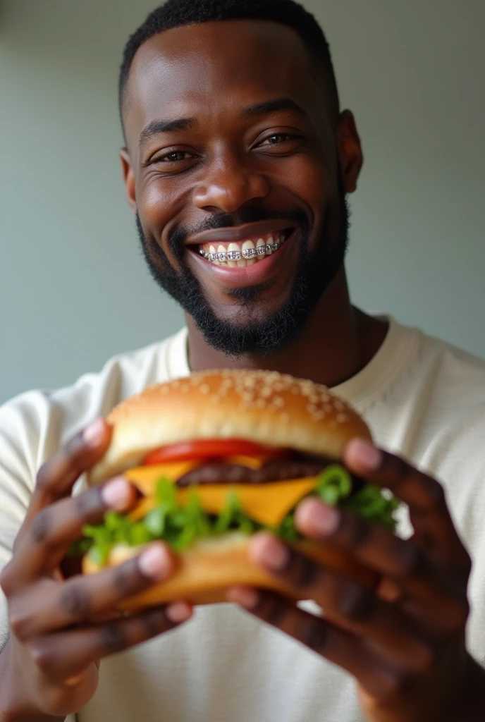 black man smiling, short hair goatee and braces. holding a hamburger