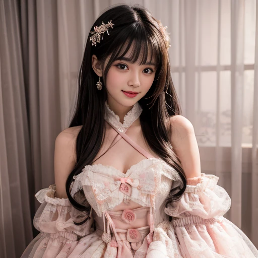 best quality, Delicate face，beautiful visual work, lifelike,  eternity, black hair, Long curly hair, blunt bangs, Smile, Detailed Background,  Delicate face，pink blush，cold，((masterpiece))、(top quality)、8k、high detail、Super detailed，31 years old female，Wearing lolita dress、Seductive and whimsical style、masterpiece、born、Scenes resembling fairy tale illustrations、Intricate details and complex designs、Beautifully、magic、capricious、 Beautifully、Dream aesthetics、「𝓡𝓸𝓶𝓪𝓷𝓽𝓲𝓬、ethereal、charming、fickle、magic」、Realism、Visual effects、FXAA、SSAO、Shaders、voiceless、ambient lighting、Tone mapping、High resolution、Ultra high quality、Million pixels、(8K resolution:1.10)、8k、Below 8K、8K resolution、high detail、intricate details， (high quality:1.2、masterpiece:1.2、:1.21)、(21 years old female:1.21)、(Smile excitedly)、(Surrounded by the dreamy atmosphere、Model diagram，full-body shot，Normal 2 feet，Don't show your fingers