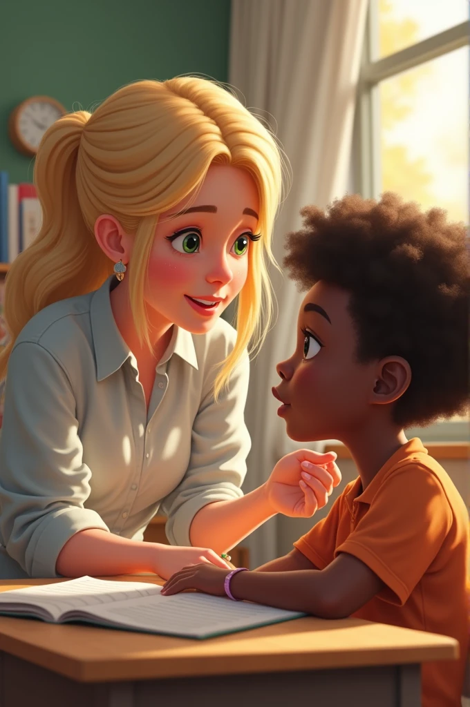 A blonde, green-eyed teacher helping her black student learn to speak properly 