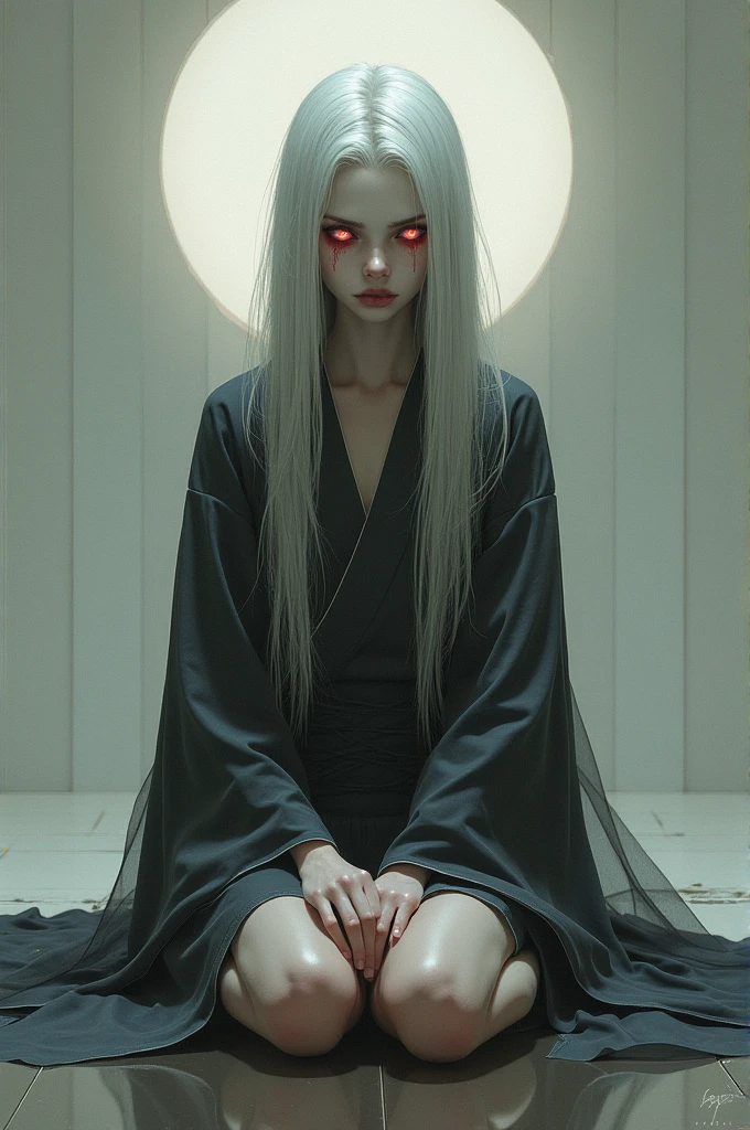 Create a cover for a book, that shows a dark room, and a young woman with Asian features, beautiful and mesmerizing look, White hair, In the environment surrounding the girl there are black shadows with glowing red eyes