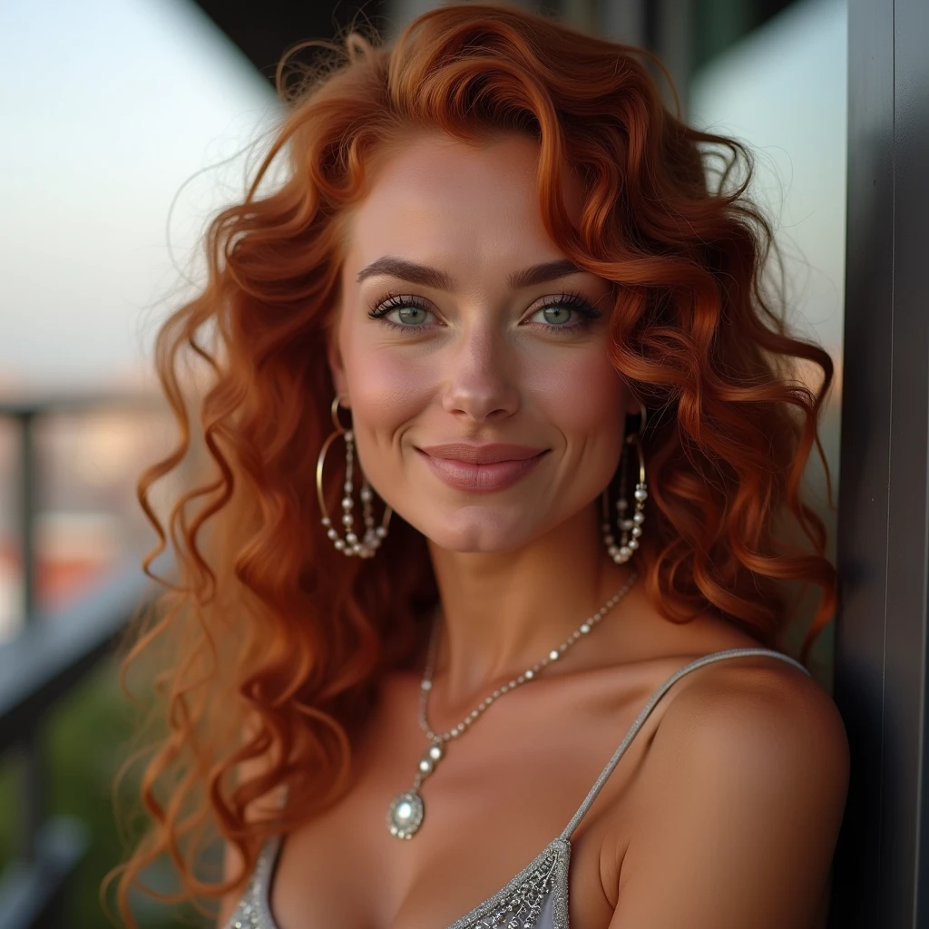 (Realistic photo of a beautiful woman, 35 years old, grey eyes, full full lips, red hair, long curly hair, curls, tanned skin, full body picture, jewellery, realistic, soft lighting, professional photography, photorealistic, detailed, RAW, sharp focus, ultra-high resolution, best quality, masterpiece, (best quality, high-resolution, ultra-detailed:1. 2), HDR, bright colours, full body, stylish skirt, stylish sexy top, curvy, sexy, smiling, full body pic, earrings, barcelona, rooftop bar,