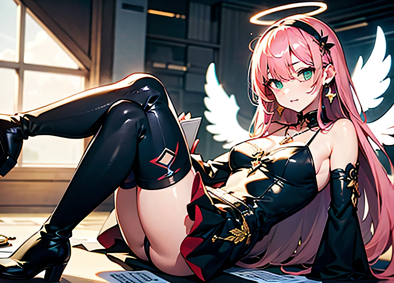 1girl,long_hair,ribbon,solo,boots,bare_shoulders,jewelry,necklace,green_eyes,thighhighs,print_legwear,wings,dress,hair_ornament,hairband,detached_sleeves,earrings,thigh_boots,very_long_hair,pink_hair,aqua_eyes,book,paper,circlet,halo,angel,pages