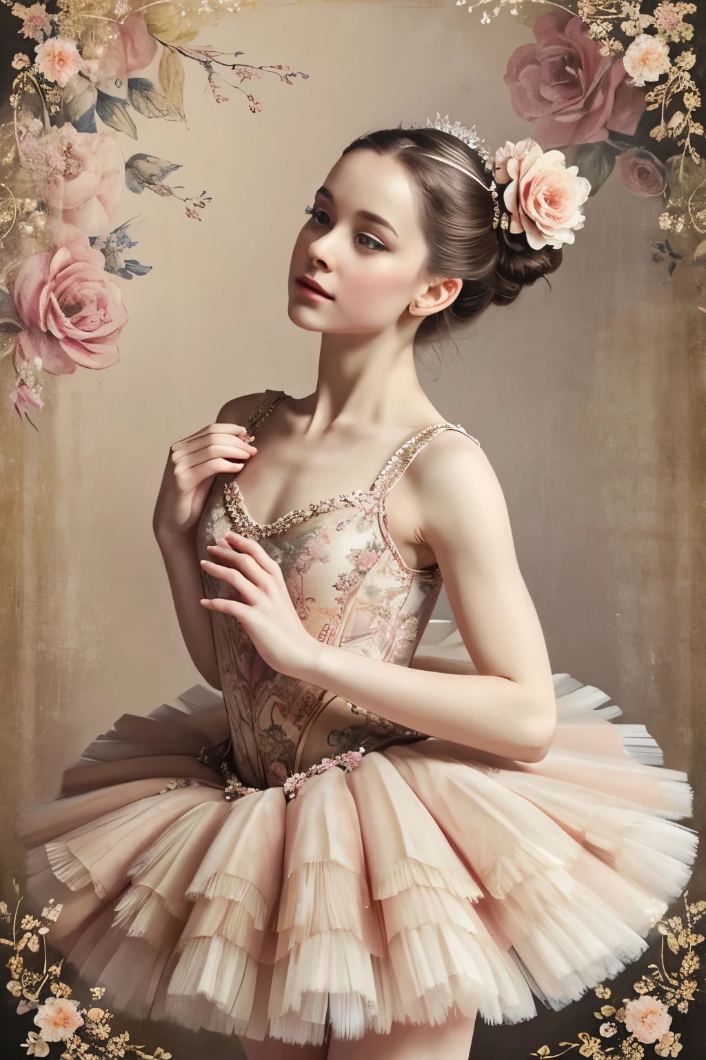 a painting of a ballerina in a tutu, exquisite creature poster art, beautiful!!!!!!!!!!!!, old parchment, floral pattern, in muted colours, kisses are spells, with frozen flowers around her, she is the center of the garden, beautiful singularities