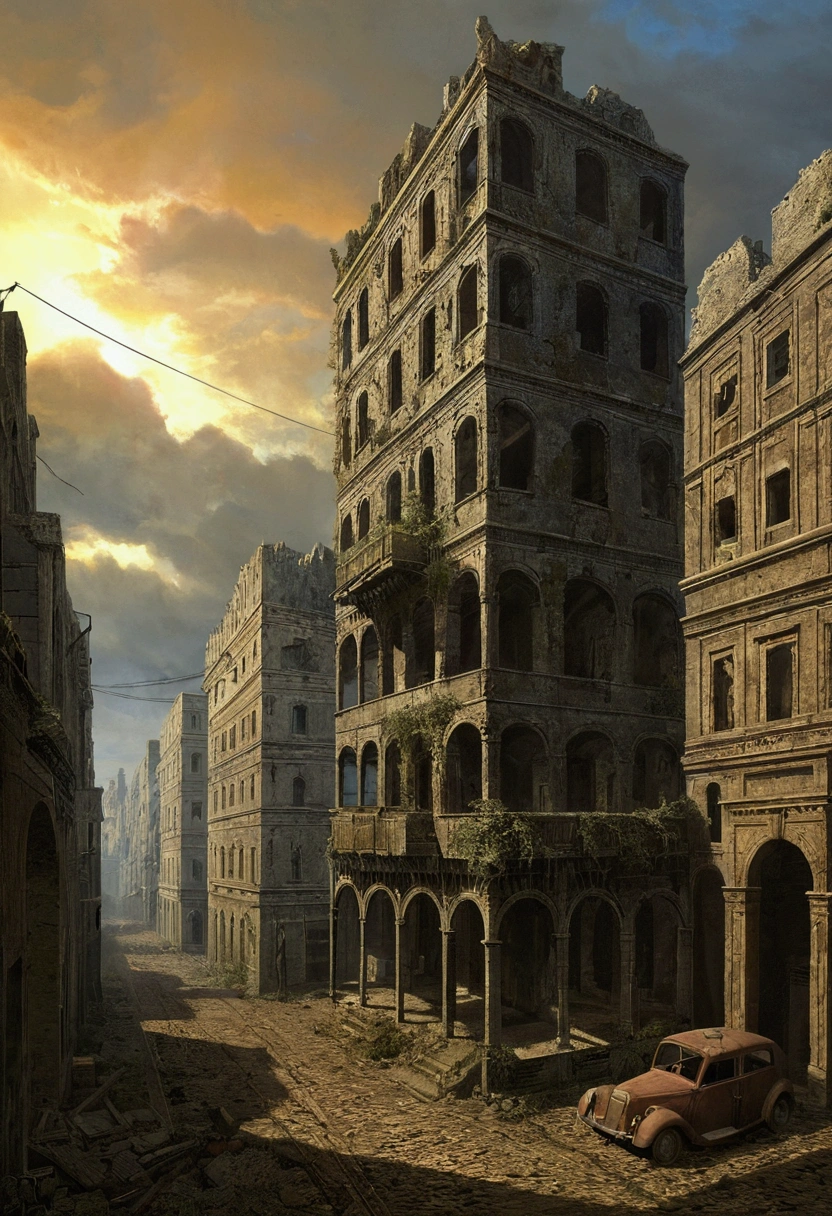 Créez des chefs-d'œuvre dystopiques,Représentez le paysage urbain antique détruit dans un style artistique conceptuel de jeu réaliste.. L'œuvre d'art doit évoquer un sentiment de désolation et de désespoir antique , monde post-apocalyptique. Gardez un œil sur les subtilités des détails, netteté, et une description très détaillée de la ville en ruines. Inspirez-vous des styles artistiques de Wayne Barlow et Zdislav Beksiński. Livrez cette image au format d'affichage vidéo, Montrez la sombre beauté de ce monde en décomposition.