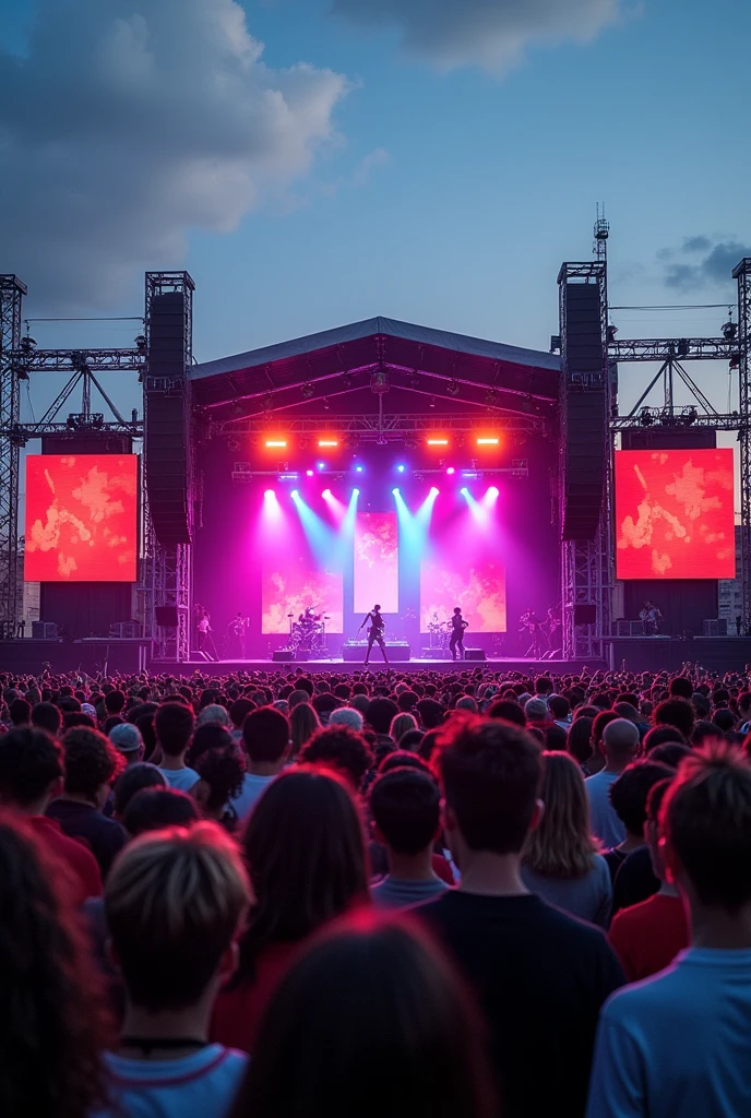 Long shot of a festival stage with lights, It's outside and has a pop punk band playing in it.