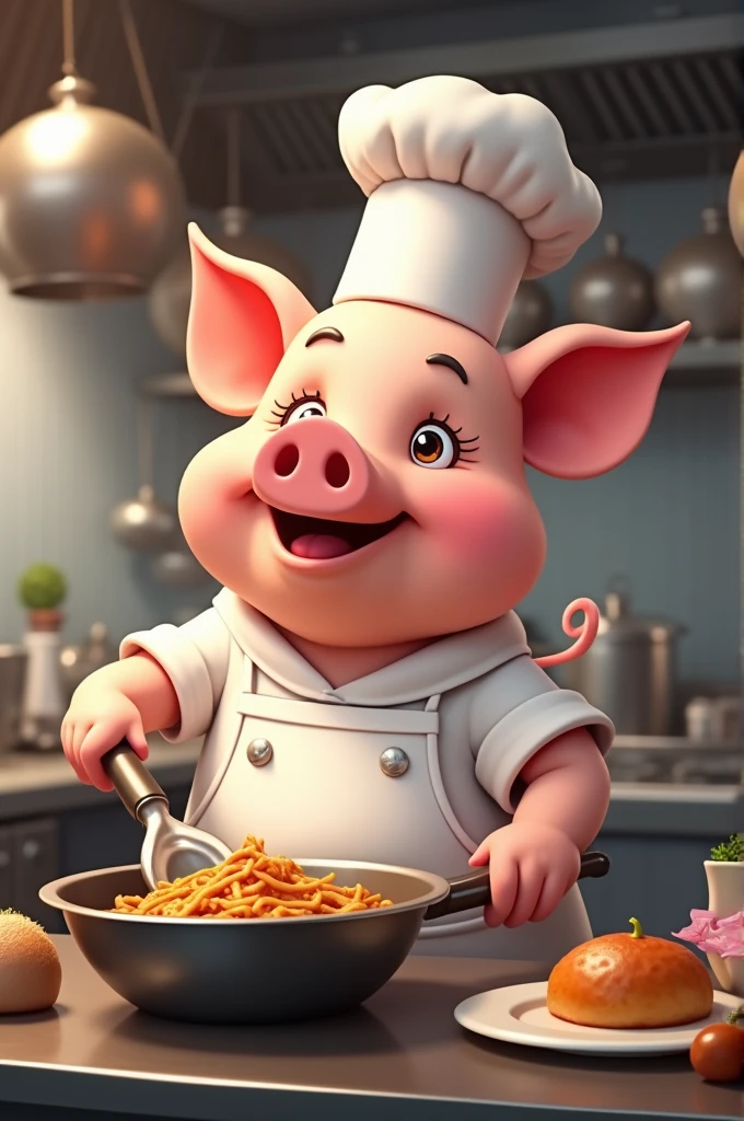 A happy little pig cooking in a restaurant