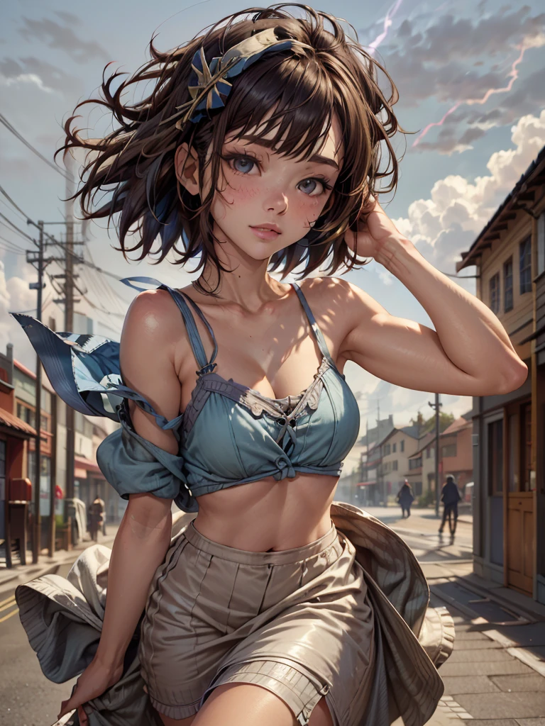 &Quot;((atelier)), perfect quality, plumpness, bulging, fully body, stunning beauty, Jeanfavonian, breasts small, (high quality anime), vred, blush, Standing on the street near the river next to the village, hands on the chest, Looking at the Viewer, without handles. shorth hair (((short bob hair blowing in the wind))), the background is simple and blue, and the gaze is directed downward at a low angle, a bright lightning bolt.