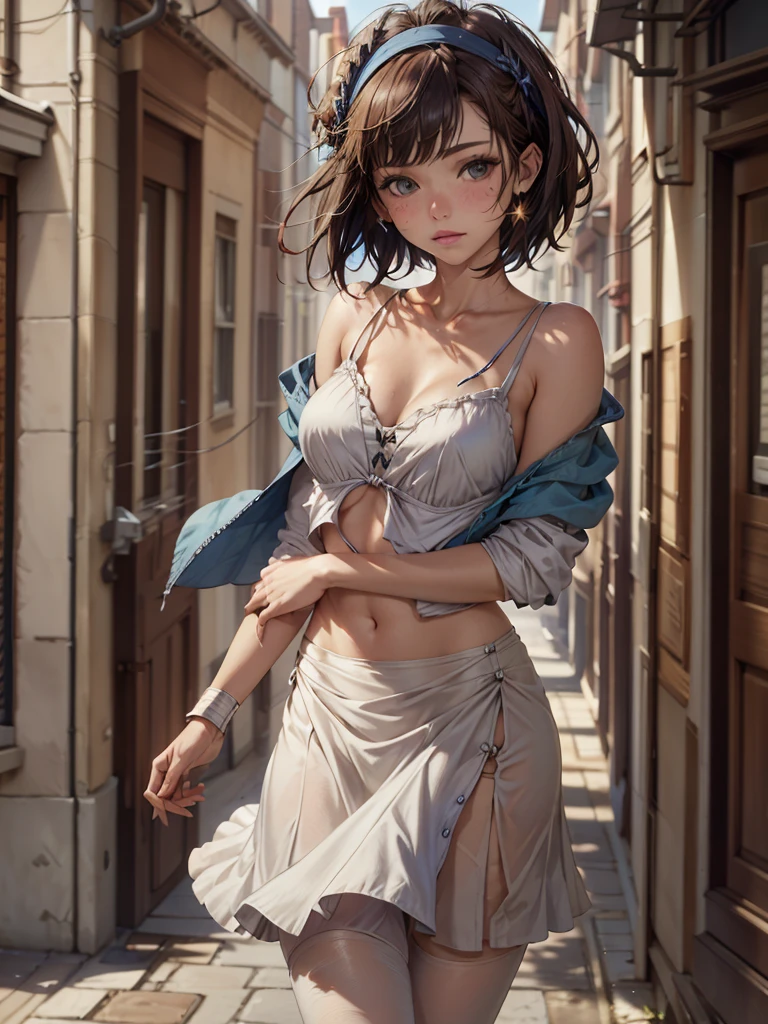 &Quot;((atelier)), perfect quality, plumpness, bulging, fully body, stunning beauty, Jeanfavonian, breasts small, (high quality anime), vred, blush, Standing on the street near the river next to the village, hands on the chest, Looking at the Viewer, without handles. shorth hair (((short bob hair blowing in the wind))), the background is simple and blue, and the gaze is directed downward at a low angle, a bright lightning bolt.