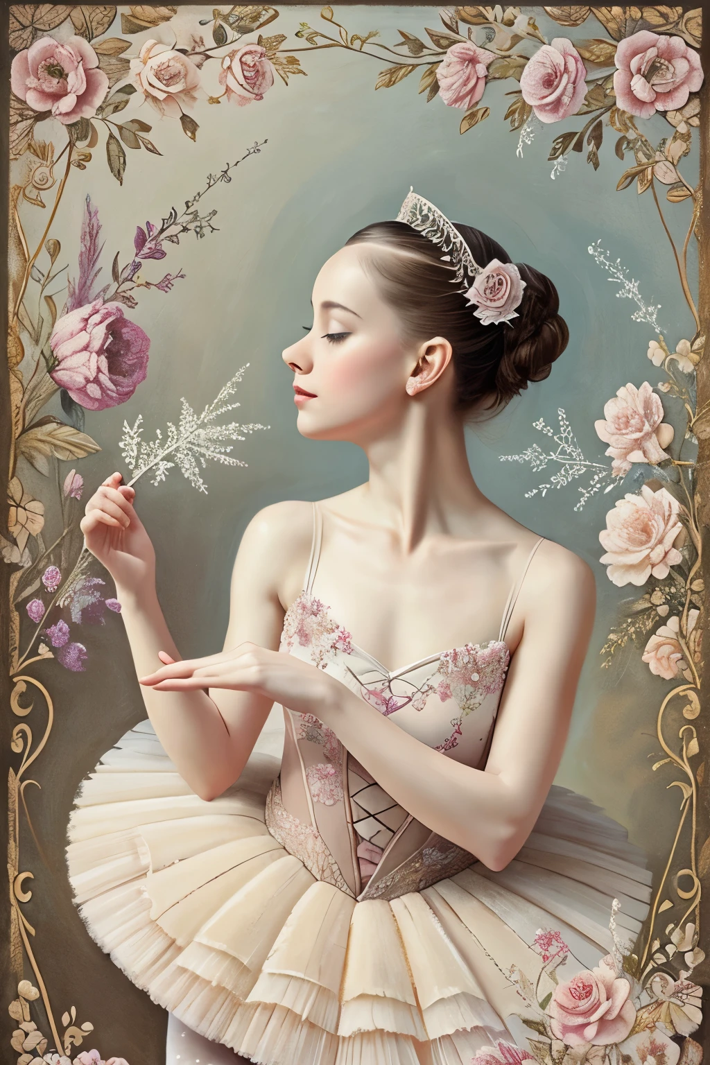 a painting of a ballerina in a tutu, exquisite creature poster art, beautiful!!!!!!!!!!!!, old parchment, floral pattern, in muted colours, kisses are spells, with frozen flowers around her, she is the center of the garden, beautiful singularities