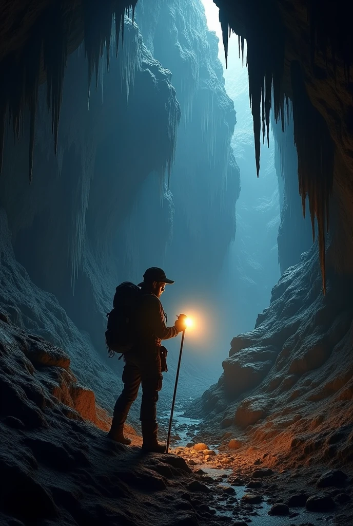generates the interior of a cave, stalagmites and stalactites, imagen fotorrealist, 8K photo quality, realist, flashlight light, a single speleologist.