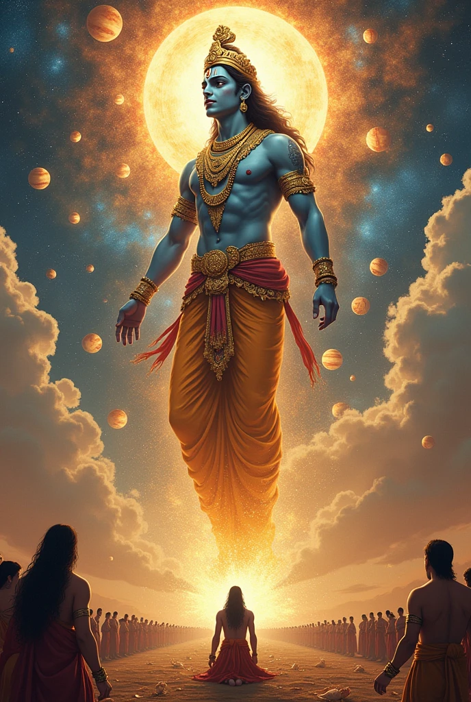 Here's a prompt you can use to generate an image of Krishna showing his Vishvarupa to Arjuna:

"A majestic scene from the Bhagavad Gita where Lord Krishna reveals his Vishvarupa (universal form) to Arjuna on the battlefield of Kurukshetra. Krishna's form is vast, containing countless faces, arms, divine beings, planets, stars, and galaxies, symbolizing the entire universe. Arjuna is shown in awe, kneeling before Krishna, who stands radiantly with a calm expression. The background includes the battlefield with chariots and warriors, emphasizing the spiritual significance of the moment." 

This prompt should work well in most image generation tools or for artists to create the scene you're envisioning.