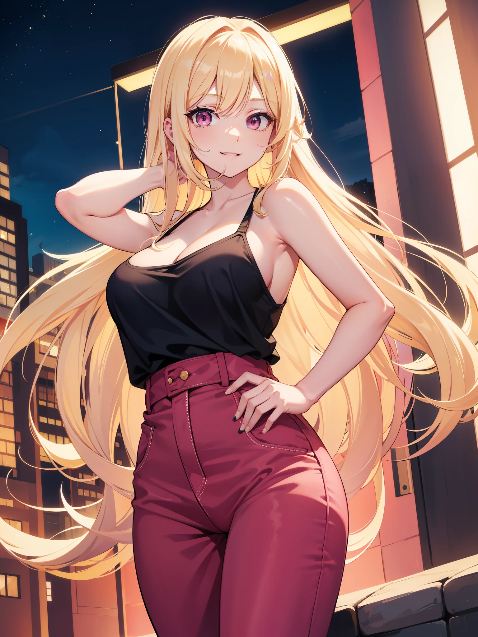 Adult woman, pink eyes, long blonde hair, casual, night, smile
