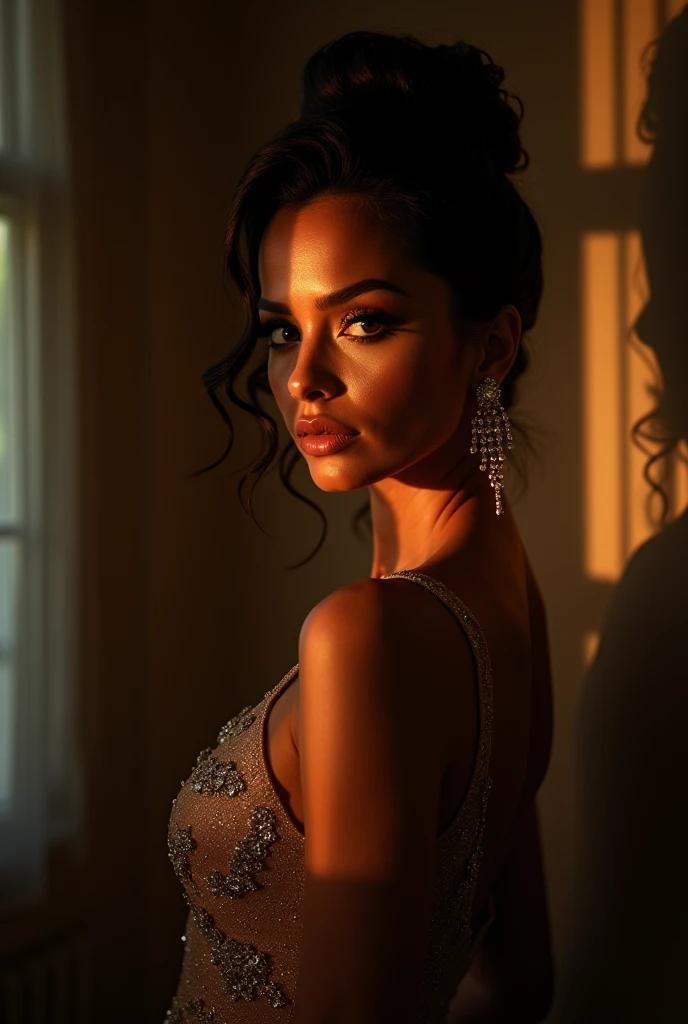 a beautiful, mysterious latina woman wearing an elegant evening gown, dramatic lighting, high fashion photography, cinematic, chiaroscuro, dramatic pose, detailed facial features, glossy skin, glowing skin, volumetric lighting, dramatic shadows, elegant hairstyle, jewelry, (best quality,8k,highres,masterpiece:1.2),ultra-detailed,(realistic,photorealistic,photo-realistic:1.37)