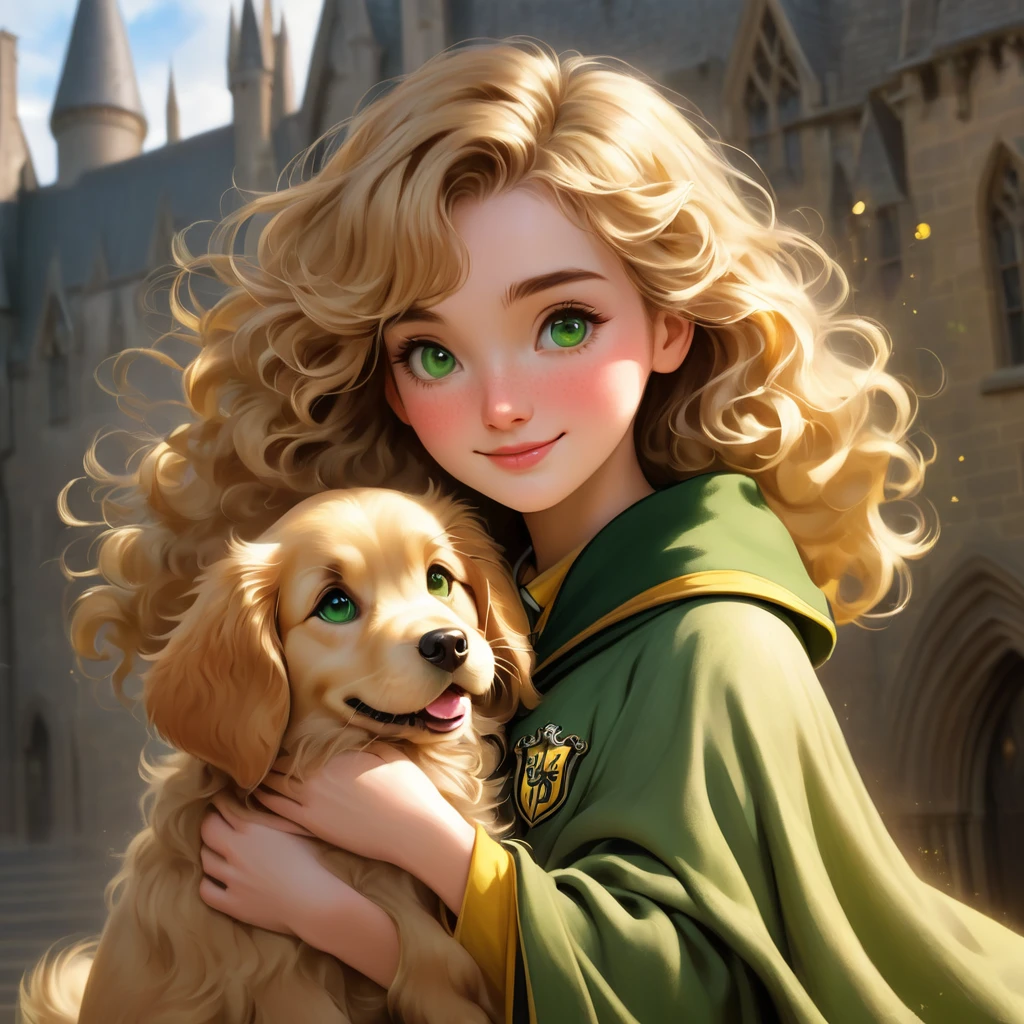 best quality, Masterpiece, Put on a Hufflepuff Hogwarts uniform.,Hufflepuff House, Wear a Hufflepuff cloak., (((short wavy hair))), dark blonde, serious, Very naughty, cute and bright, be happy, smile, heavy Freckles on the face, detailed green eyes, detailed face, Fine skin, soft light, mysterious, Worth discovering., soft shadow, detailed texture, dynamic light, Hug a Golden Retriever, Hogwarts background, Hogwarts Theme
