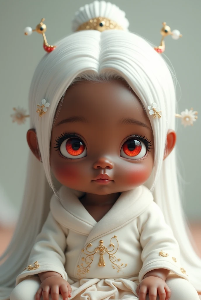 a cute little baby with black skin and long straight white hair and red oriental eyes with a white outfit with a golden design