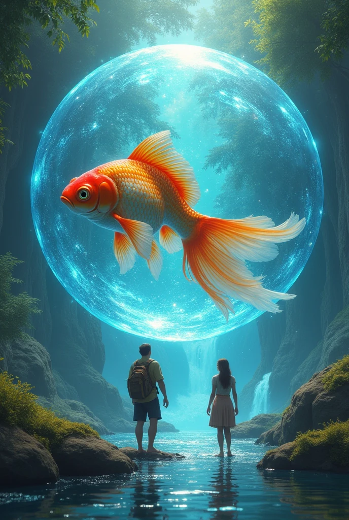 Following the trail, Peter and Laura, they arrived at a sparkling and magical river.

guarded by a goldfish hybrid, surrounded by a giant bubble of water

