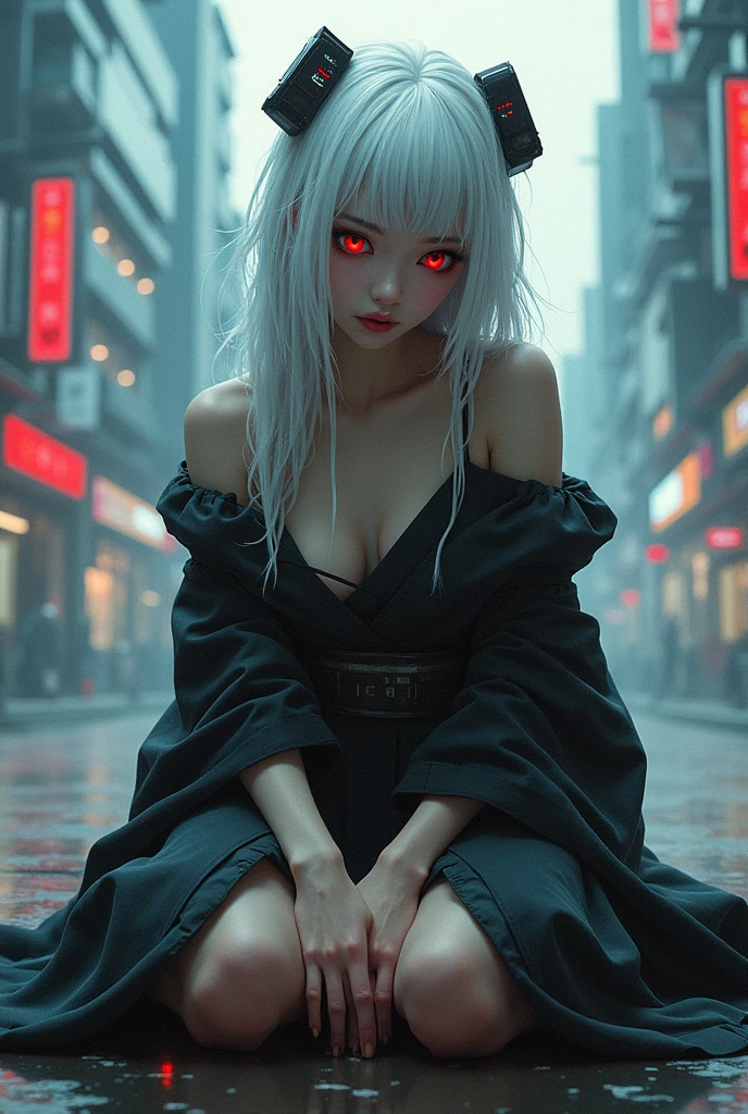 geisha. white hair. Eyes red. on his knees. brooding. Cyberpunk Background