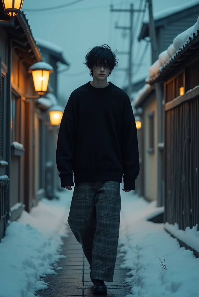 A guy with black, tousled hair down to his chin, walks along a snowy alley between houses, at night in the small light of the lanterns on the poles, dressed in wide checkered pants and a large black sweater