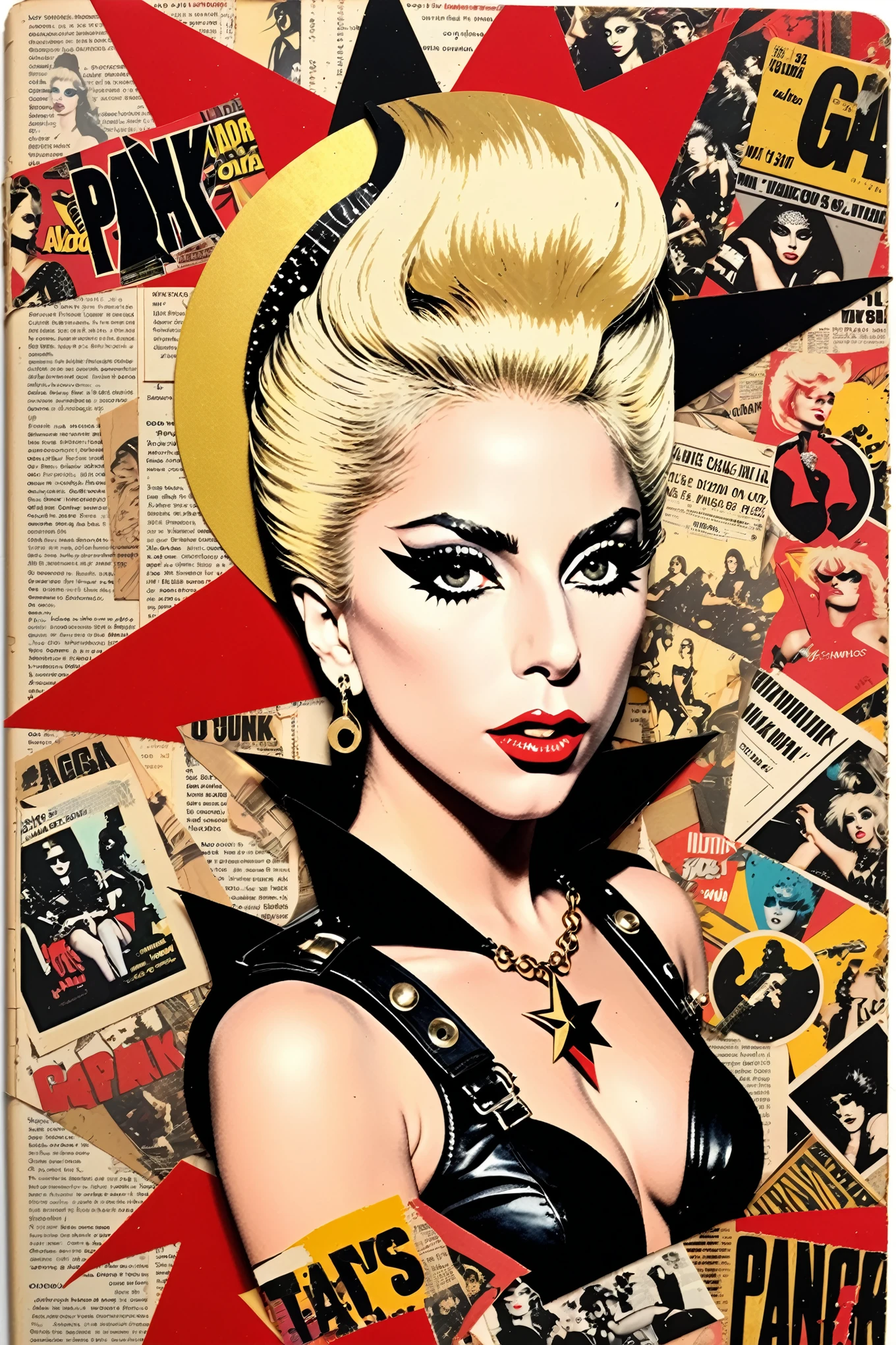 Lady Gaga Punk Collage 1980's rockstar comic book collage on a journal page black gold red colors scrap book