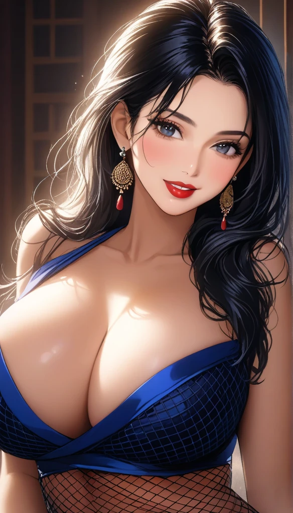 A beautiful mature woman in fishnet saree, intricate jhumka earrings, detailed alluring eyes, smooth lips, smiling, red lipstick, bangles, blue ribbon, saggy breasts, photorealistic, 8k, high quality, masterpiece, cinematic lighting, vibrant colors, intricate details, messy hair