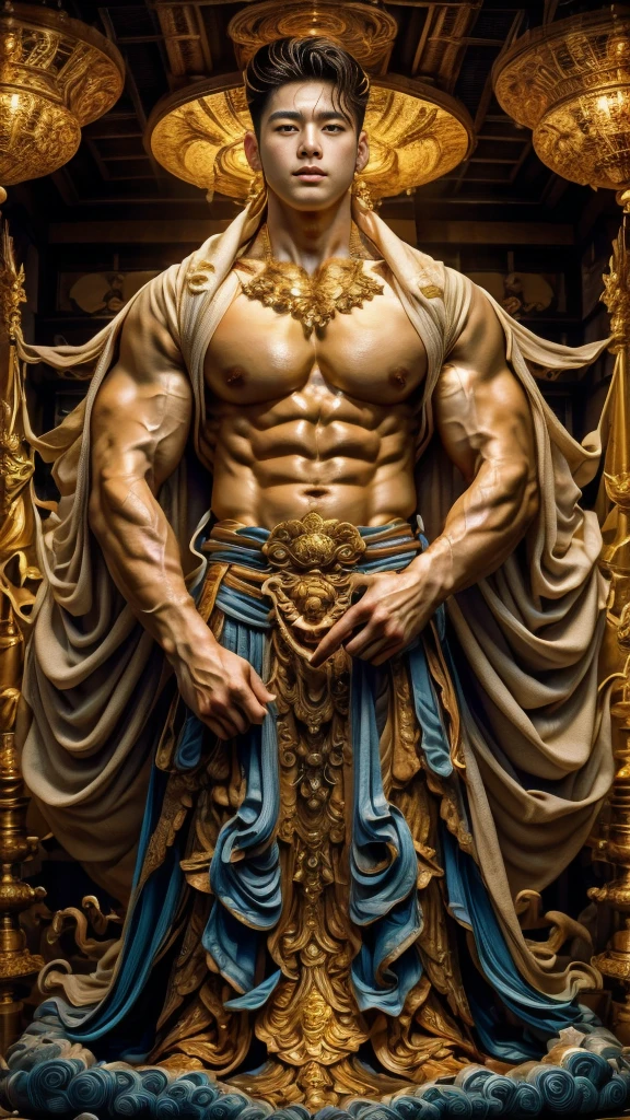 disconsolate，Ambient，artistic conception，large scene，The wind blew up the white curtains，Dattain lamps，Diffuse light，chest muscle，Shirtless, stubbles, Sideburns, musculature, Strong handsome korean  guy， a golden statue of handsome men god , multiple hands holding some weapons, , Hanfu，Golden blue、Jing Qing Moqing、jackson wang, Plain cherry blue，Junyi，Dignified atmosphere，Temperament，Short hair, Flat-headed beautiful man，The light is gentle，The scene comes to life