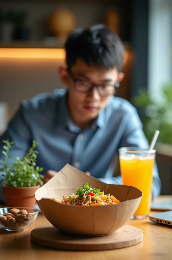 asian sells man doing his job at the background, keto food and detox juice on the table, keto food is in the round kraft paper soup bowl, almonds in the small pvc cup