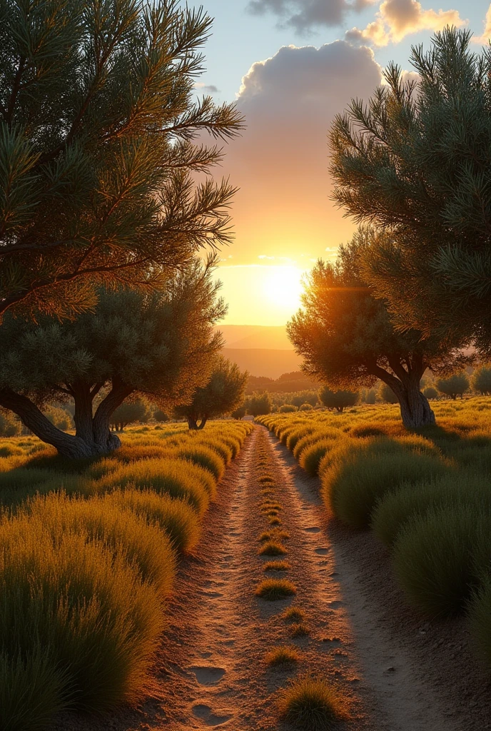 Realistic, olive garden, The sun rises between the olive trees