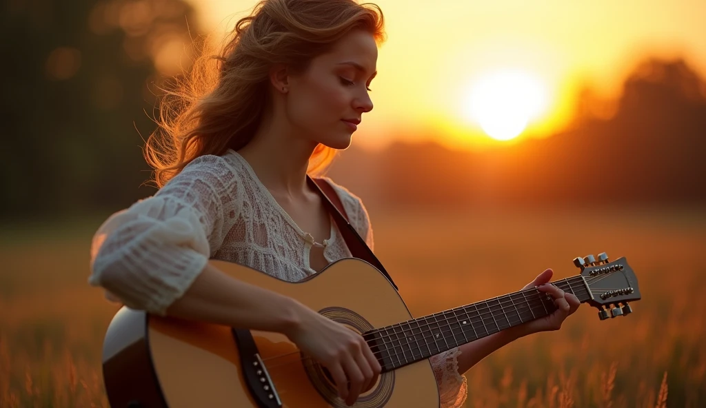 ((best quality)), ((masterpiece)),(detail), perfect face, full body shot of beautiful girl playing guitar, Clear face, clear guitar, romantic style, retro vintage and romanticism, beautiful sunset nature in background, hyper-realistic photos, 8k, ultra high resolution,sharp faces
