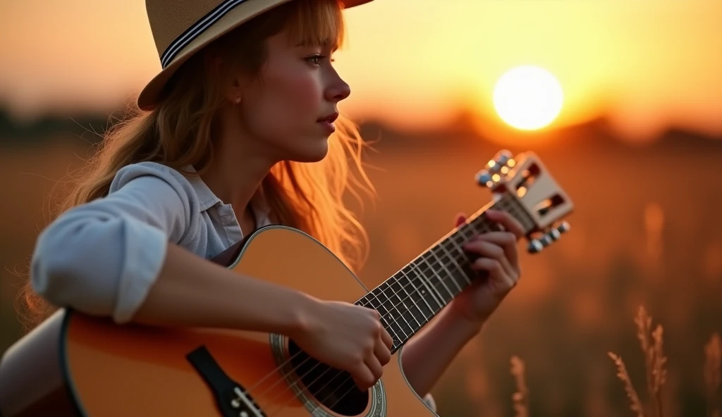 ((best quality)), ((masterpiece)),(detail), perfect face, full body shot of beautiful girl playing guitar, Clear face, clear guitar, romantic style, retro vintage and romanticism, beautiful sunset nature in background, hyper-realistic photos, 8k, ultra high resolution,sharp faces