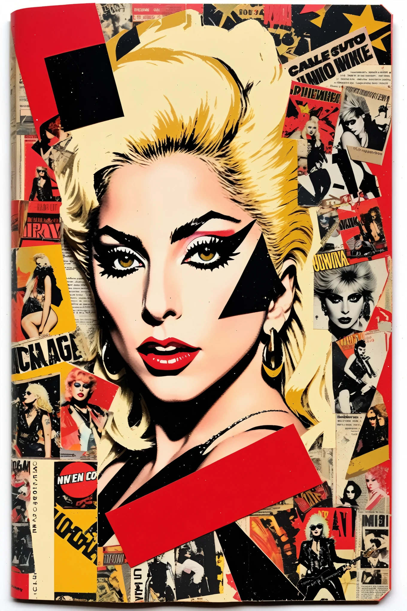 Lady Gaga Punk Collage 1980's rockstar comic book collage on a journal page black gold red colors scrap book