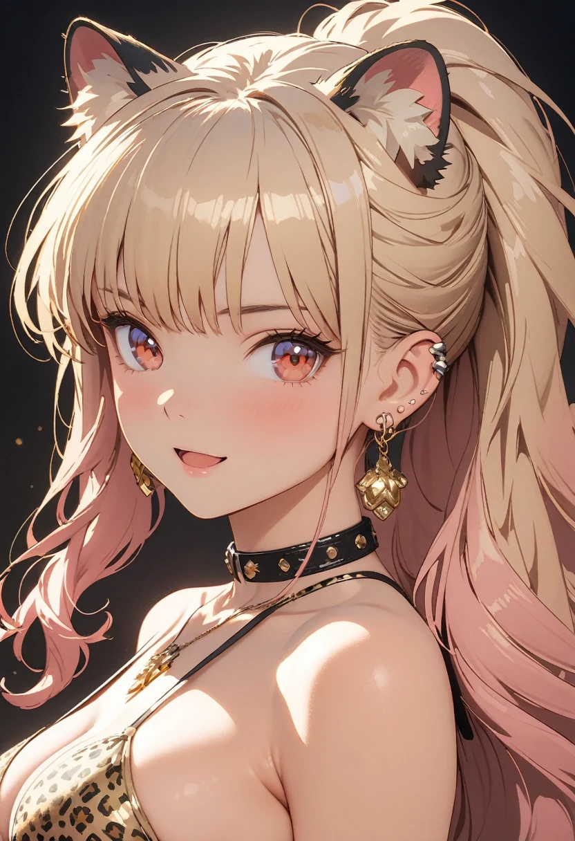 (best quality: 1.2, very detailed, high detail, ultra-high resolution, masterpiece: 1.2, 8k, top quality, best aesthetic, perfect lighting: 1.2, best shadow, high contrast, high color saturation), anatomically correct, perfect hands, anime style, anime artwork, cinematic lighting,
(girl wearing shiny golden leopard print bikini, leopard ears), (20 years old, 170cm), gorgeous,
medium straight hair, (ponytail: 1.2), shiny platinum blonde hair, (smoky pink gradient hair: 1.2), bangs,
((small head: 1.2)), (small face: 1.2), slender body, slim, long limbs, medium breasts, light tan skin,
laugh with open mouth, cuspid, sensual look, sparkling red eyes, Light reflecting in the eyes. (finely detailed beautiful eyes: 1.3), double eyelids, (eyelash: 1.3), (eye shadow: 1.2), (light pink lip: 0.9),
necklace, ear piercing, bracelet,
cowboy shot,
night, city, cyberpunk, futuristic,
deep depth of field,