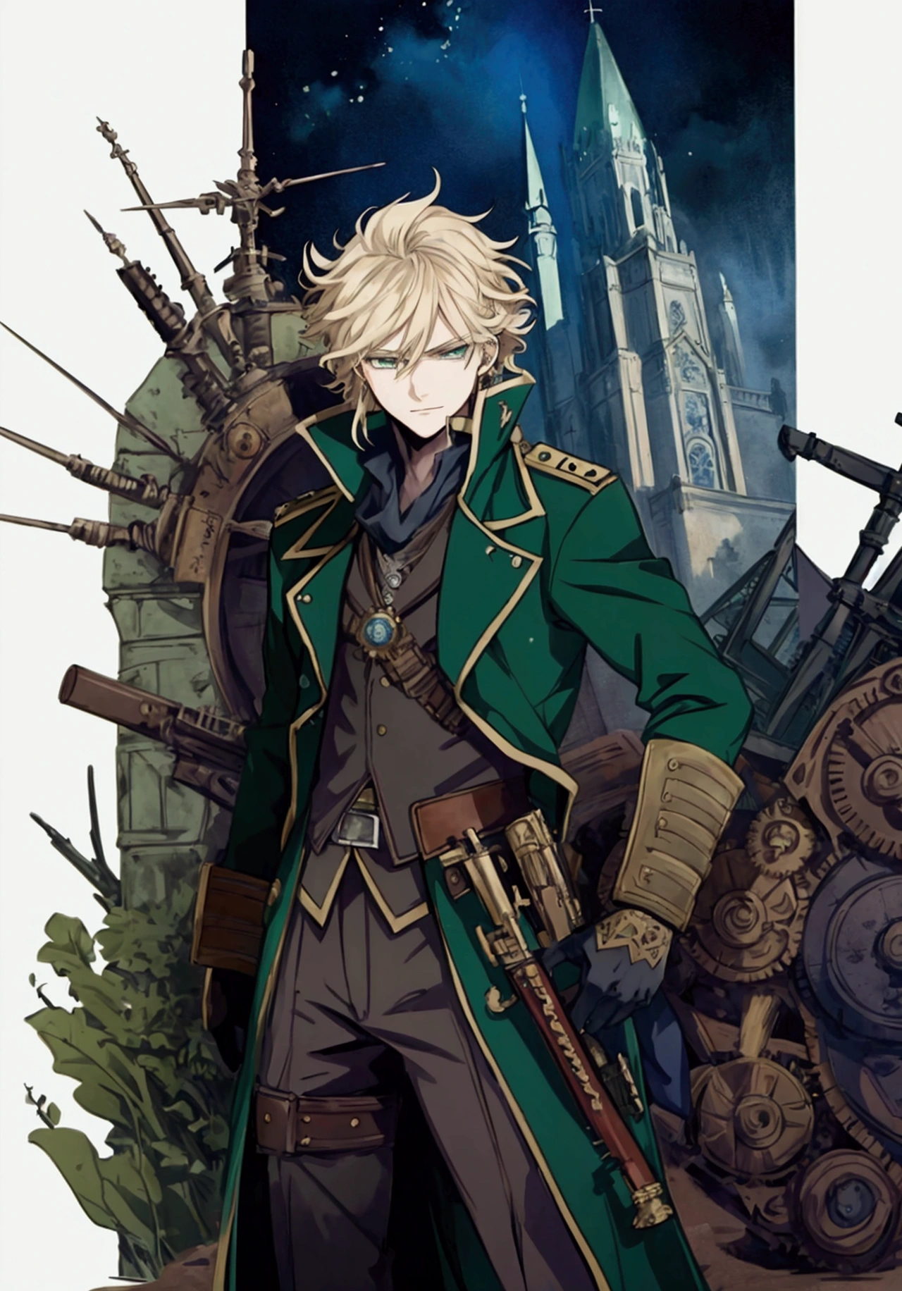 (Masterpiece), ((Highest Quality)),(Official Art),dark epic:1.2),(1 solo anime man: 1.3). A badass gunslinger man with spiky wild hair (blonde), green eyes, and tall build. He is clad in a military uniform, firing a flintlock in the shadows of a steampunk city. Detailed picture. Detailed eyes. Masculine jaws. Soft fairytale picture Arthur Rackham-style. Colorful, best detailed ((super detailed)), (highly detailed 2D anime man illustration), ((dark and beautiful))