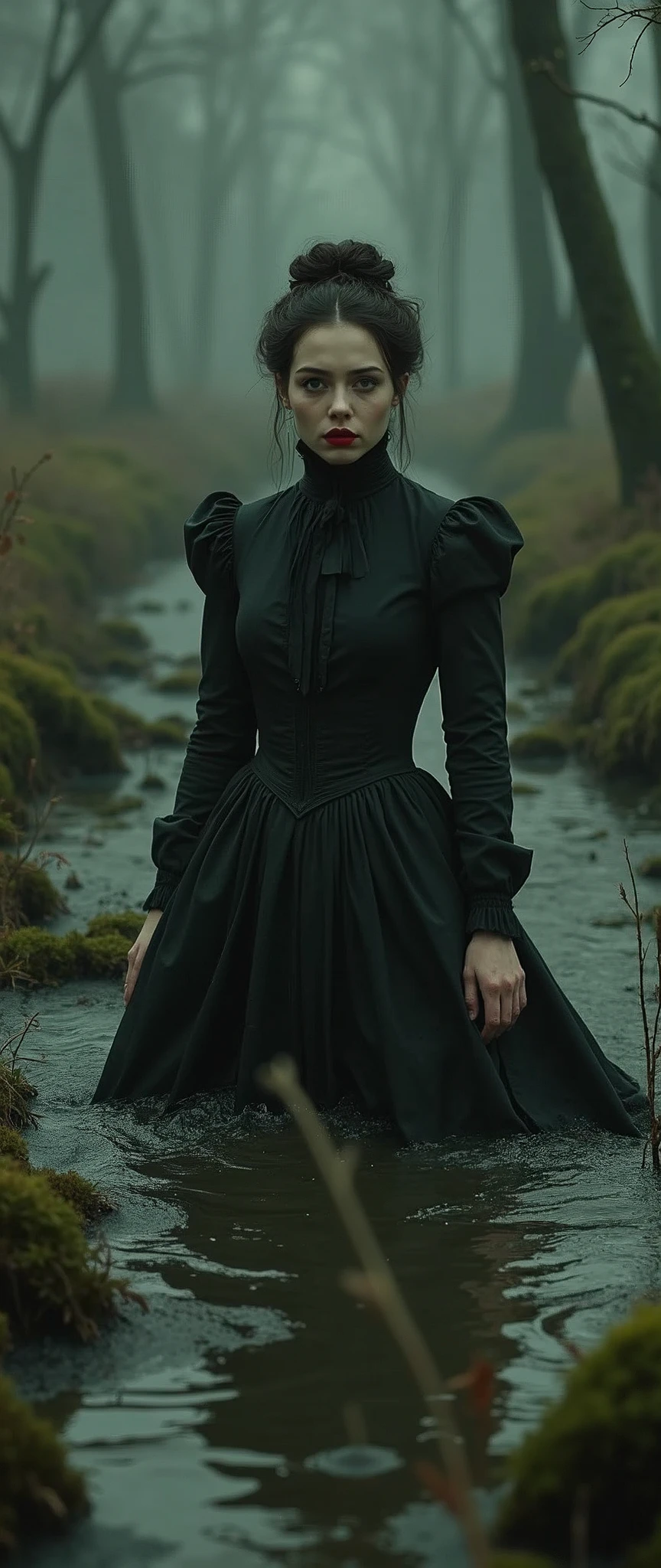 19 century setting, drama, stuck in bog,detailed short high-neck closed dress, high-neck dress, aristocratic cut, stockings with garters, red lips, goth, aristocratic behaviour