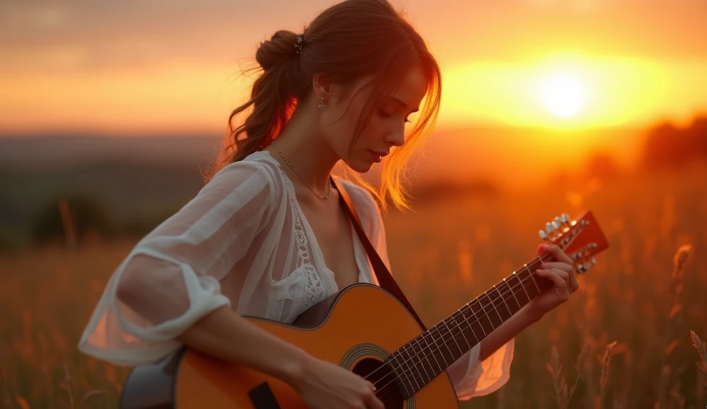((best quality)), ((masterpiece)),(detail), perfect face, full body shot of a beautiful woman playing guitar, Clear face, clear guitar, romantic style, retro vintage and romanticism, beautiful sunset nature in background, hyper-realistic photos, 8k, ultra high resolution,sharp faces