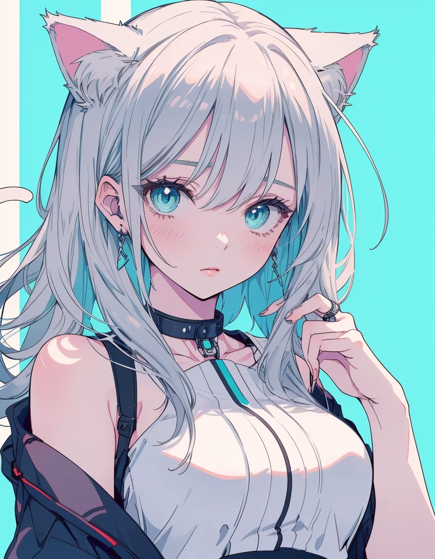 cyber punk, shaded face, jitome, midriff, tattoo, towel body, ((masterpiece, best quality:1.5)), ((Beautiful detailed cat aqua eyes:1.2)), cat ears, pale skin, medium breasts, beautiful hands, beautiful fingers, EasyNegative